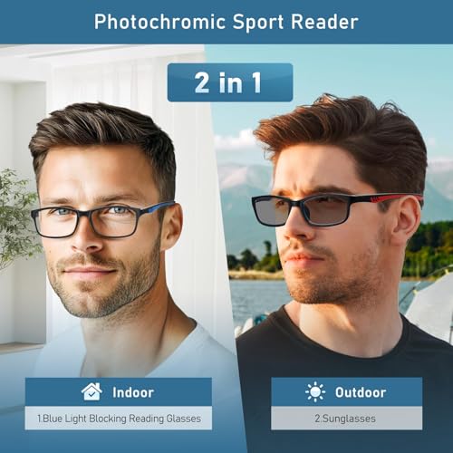 LKEYE Sport Reading Glasses Men Photochromic Lens Blue Light Blocking Computer Reader Wide Style Spring Hinge Eyeglasses 2Pack Red Blue LK6082 +1.50 Strength - Image 3
