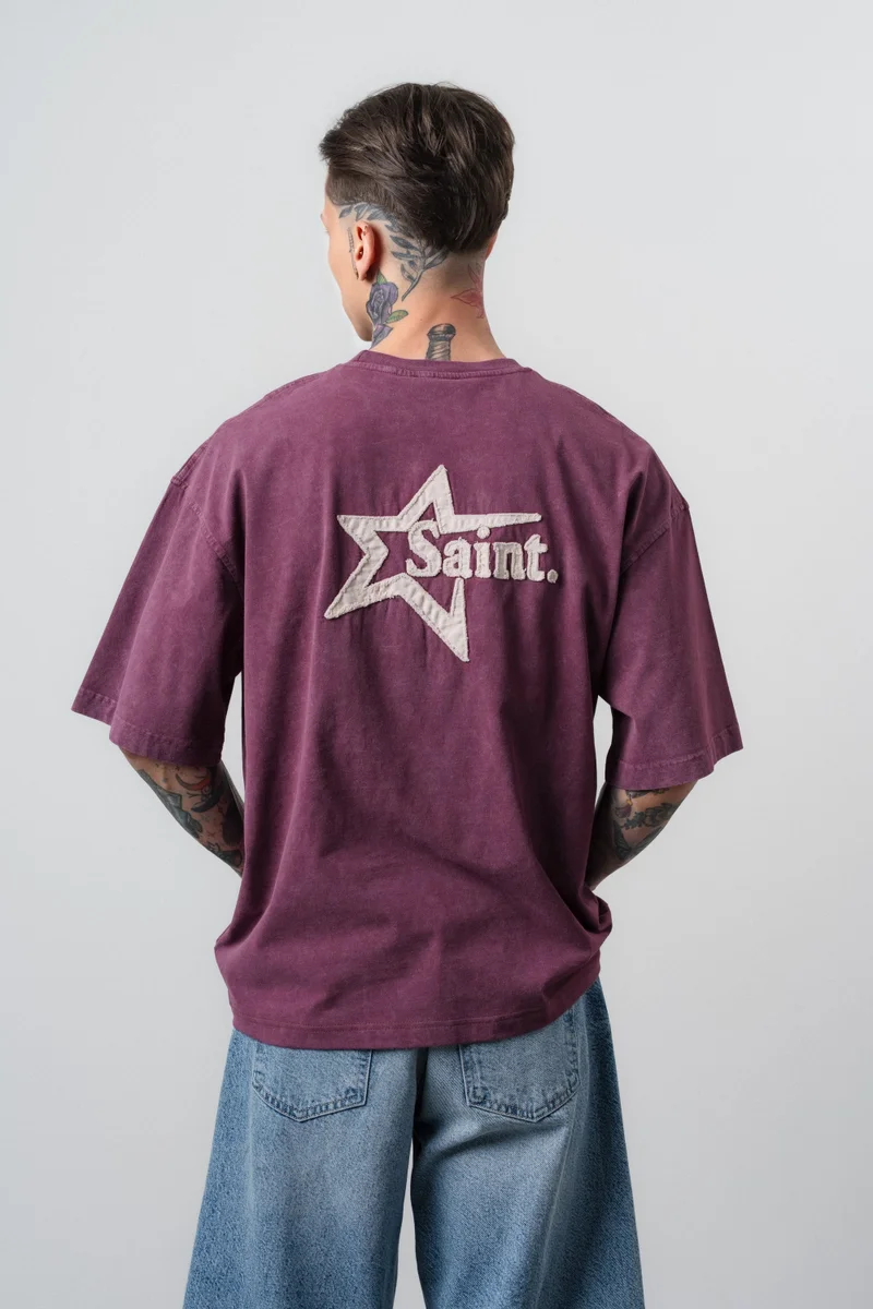 RESPIRE Men's Saint Embroidered Washed Oversize T-Shirt, Cherry Red