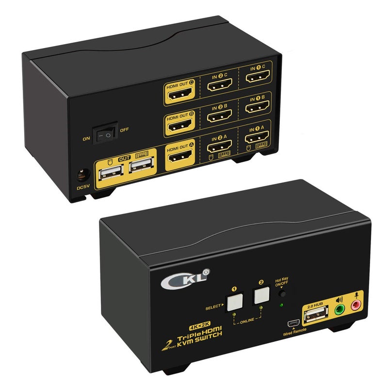 CKL Triple Monitor HDMI KVM Switch 2 Port with Audio and USB 20 HUB PC Monitor Keyboard Mouse Switcher Box Mirrored or Extended Display 4K30Hz for Computers and Laptops CKL923HUA