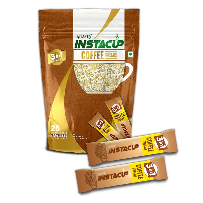 ATLANTIS INSTACUP 3-IN-1 Coffee Premix Single Serve Sachets Pack | 25 Sachets X 14 Grams Pack | Travel-Friendly Zipper Lock Pack | Just Add Hot Water & Stir - Image 1