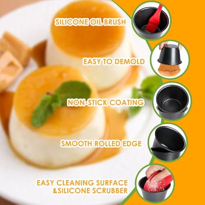 6 Pcs Pudding Moulds Individual Baking Cups For Muffins Mini Pies Puddings And Cupcake Carbon Steel Mini Pudding Basins For Air Fryer Oven Egg Tart Mould With Oil  Dish Brushes - Image 4