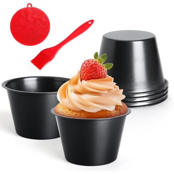 6 Pcs Pudding Moulds Individual Baking Cups For Muffins Mini Pies Puddings And Cupcake Carbon Steel Mini Pudding Basins For Air Fryer Oven Egg Tart Mould With Oil  Dish Brushes - Image 1
