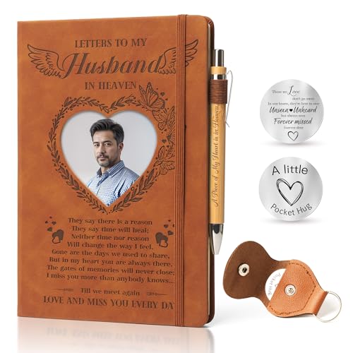 EliteSign Memorial Gifts for Loss of Husband - Letters to My Husband in Heaven Grief Journal & Pen 3Pcs Set, Leather A5 Notebook With Photo Cover, Sympathy Bereavement Gifts for Widow, Loss of Spouse Memorial Gift Set - Image 1