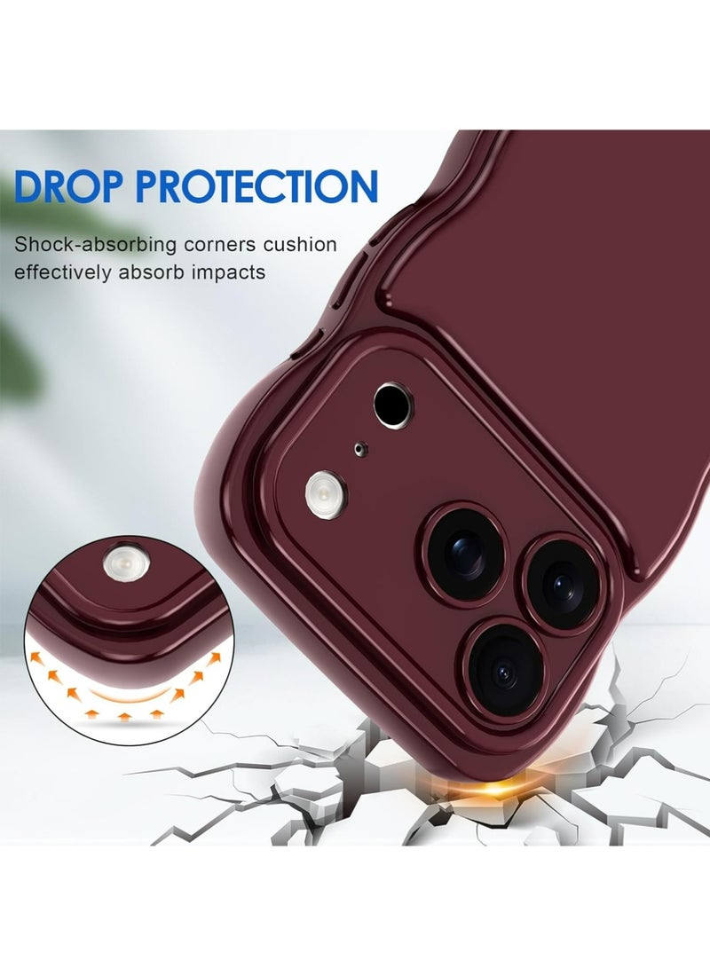 PULUZ iPhone 17 Pro Max Case Wave, Curly Frame Design for Women Girls, Cute Wavy Solid Color Aesthetic Phone Case Soft Flexible TPU Shockproof Full-Body Protective Cover 6.9" - Wine Red - Image 3