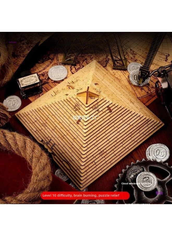 Generic - Pyramid Code Lock Wooden Unlock Box Level 10 Difficulty Brain Burning Toy Palace Bamboo Waiter Tray-Color:David Jones Log - Image 1