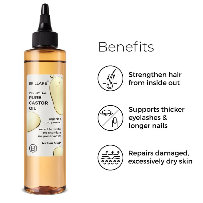 Brillare Pure Castor Oil for Hair Growth with Zero Chemicals Repairs Damaged Dry Skin Strengthen Hair with Healthy Look 100 Natural Organic 200 ml - Image 3