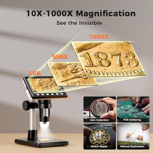 Aikokkl 4.3 Inch LCD Digital Coin Microscope, 1000X USB Magnifier with 8 Adjustable LED Lights for Coin Inspection, Electronics Repair, Soldering, Windows/Mac Compatible, 1080P - Image 2