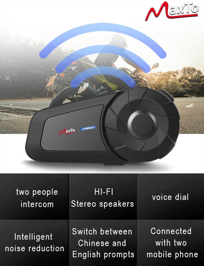 MAXTO Motorcycle Bluetooth Headset MX1 - 2-Riders 800M Universal Intercom Communication System, HiFi Stereo Sound, IPX6 Waterproof - 2 Pack - Image 2