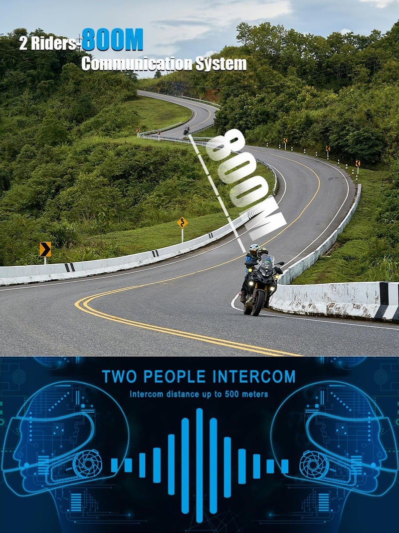 MAXTO Motorcycle Bluetooth Headset MX1 - 2-Riders 800M Universal Intercom Communication System, HiFi Stereo Sound, IPX6 Waterproof - 2 Pack - Image 3