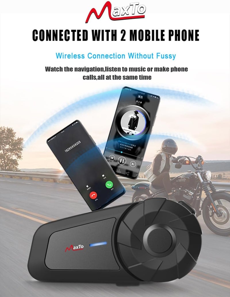 MAXTO Motorcycle Bluetooth Headset MX1 - 2-Riders 800M Universal Intercom Communication System, HiFi Stereo Sound, IPX6 Waterproof - 2 Pack - Image 4