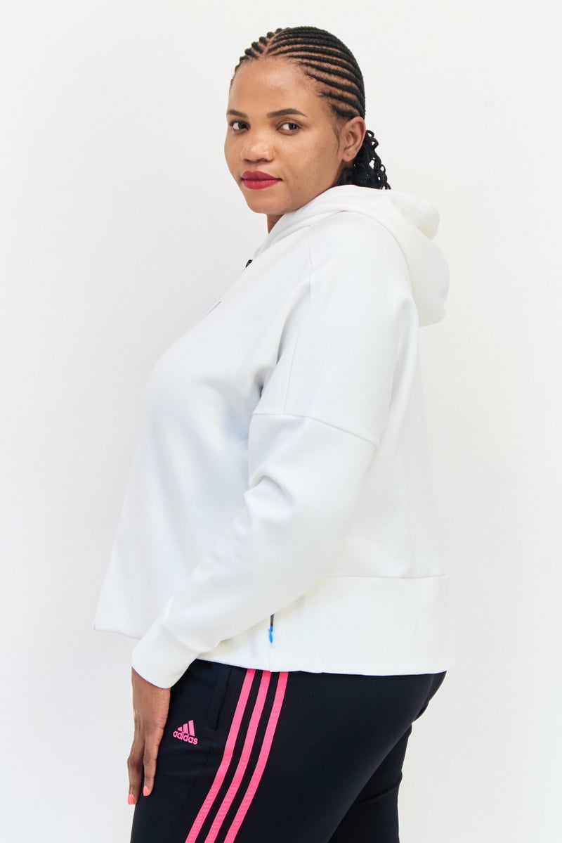 Adidas سويت شيرت بغطاء رأس بأكمام طويلة للنساء بحجم كبير، أبيض - Image 2