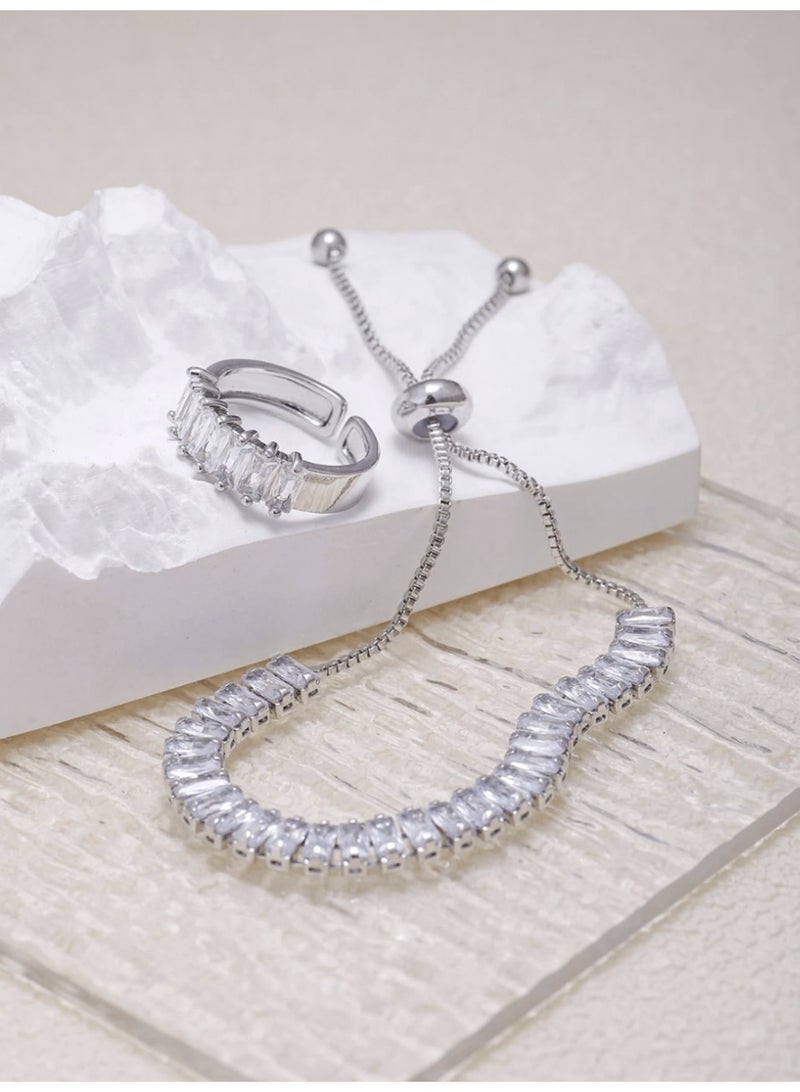 طقم إكسسورات أنيق مكون من قطعتين (سوار + خاتم) بزخرفة مكعب الزركونيا - Image 1