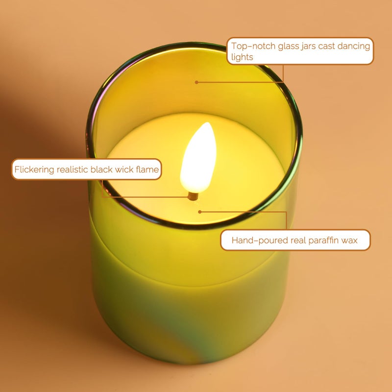 Girimax Green Glass Flameless Pillar Candles with Remote Batteries, Flickering Slim Tall LED Wax Candles Set of 5 - Image 5