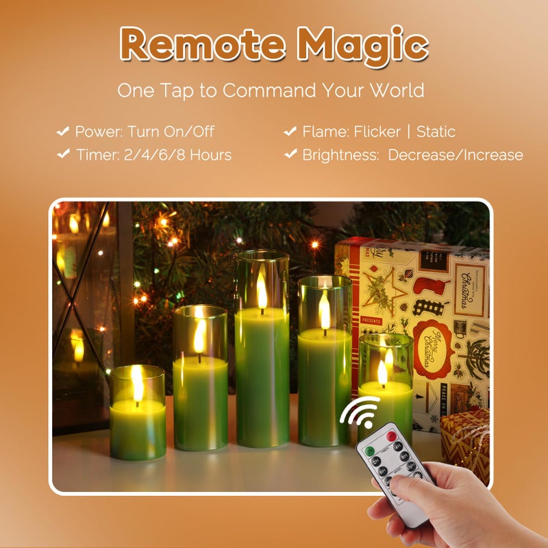 Girimax Green Glass Flameless Pillar Candles with Remote Batteries, Flickering Slim Tall LED Wax Candles Set of 5 - Image 4