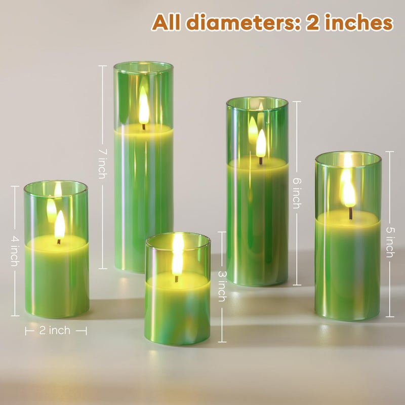 Girimax Green Glass Flameless Pillar Candles with Remote Batteries, Flickering Slim Tall LED Wax Candles Set of 5 - Image 2
