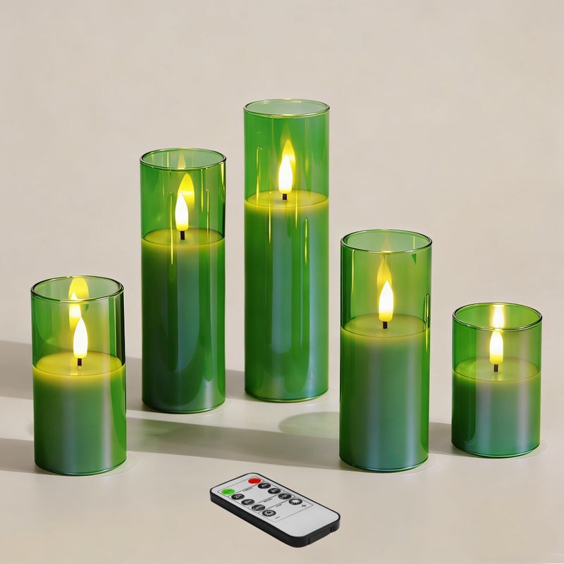 Girimax Green Glass Flameless Pillar Candles with Remote Batteries, Flickering Slim Tall LED Wax Candles Set of 5 - Image 1