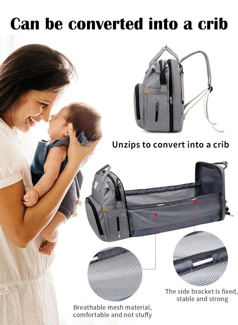 PHISMA Diaper Bag Backpack, Multifunctional Portable Baby Mom Bag with USB, Waterproof, Foldable Crib with Stroller Straps, Sunshade, Changing Pad, Travel Friendly(Grey) - Image 5