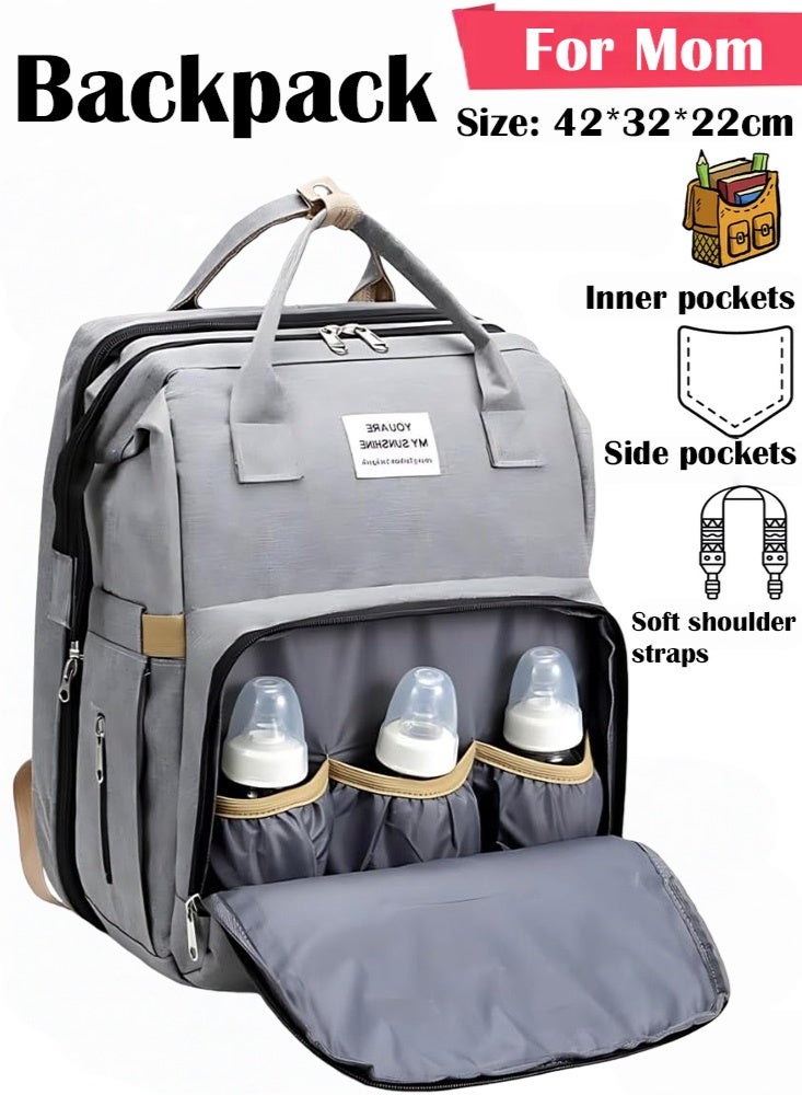 PHISMA Diaper Bag Backpack, Multifunctional Portable Baby Mom Bag with USB, Waterproof, Foldable Crib with Stroller Straps, Sunshade, Changing Pad, Travel Friendly(Grey) - Image 1