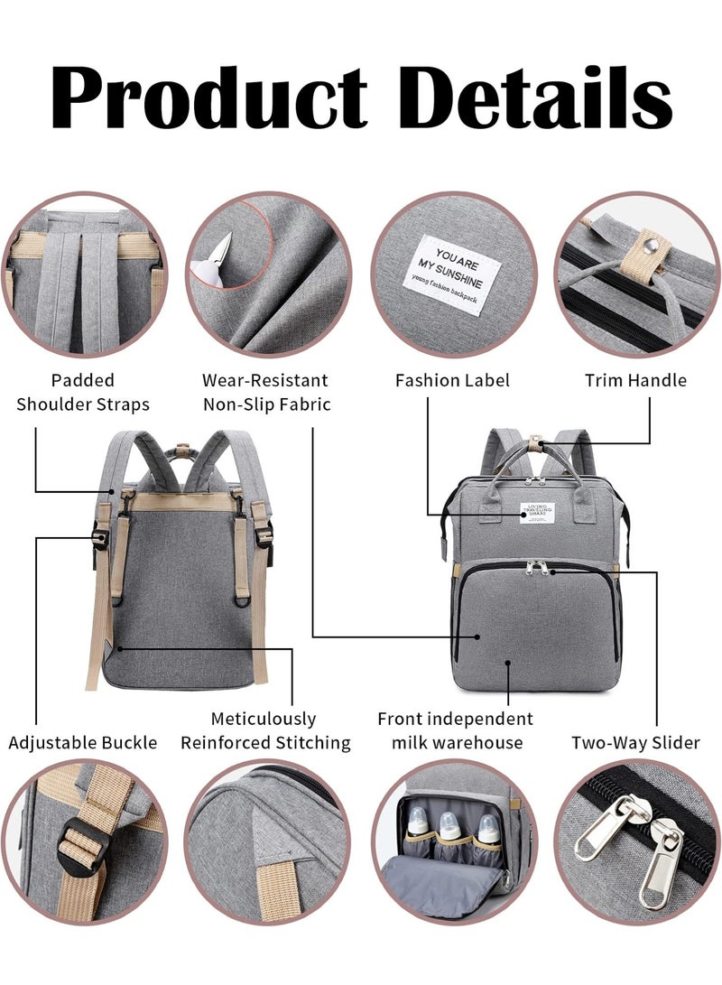 PHISMA Diaper Bag Backpack, Multifunctional Portable Baby Mom Bag with USB, Waterproof, Foldable Crib with Stroller Straps, Sunshade, Changing Pad, Travel Friendly(Grey) - Image 4