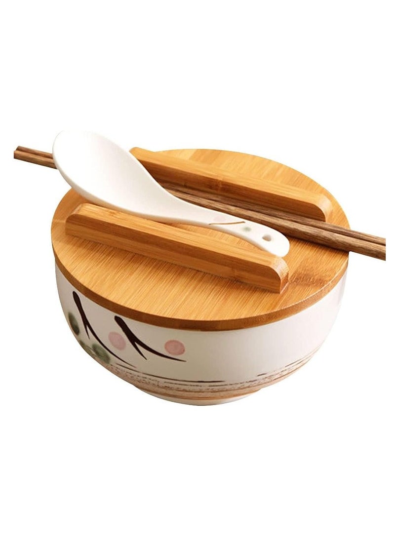 SYOSI White Ceramic Bowl with Lid, Spoon, Chopsticks - Japanese Traditional Style Tableware  - Image 1