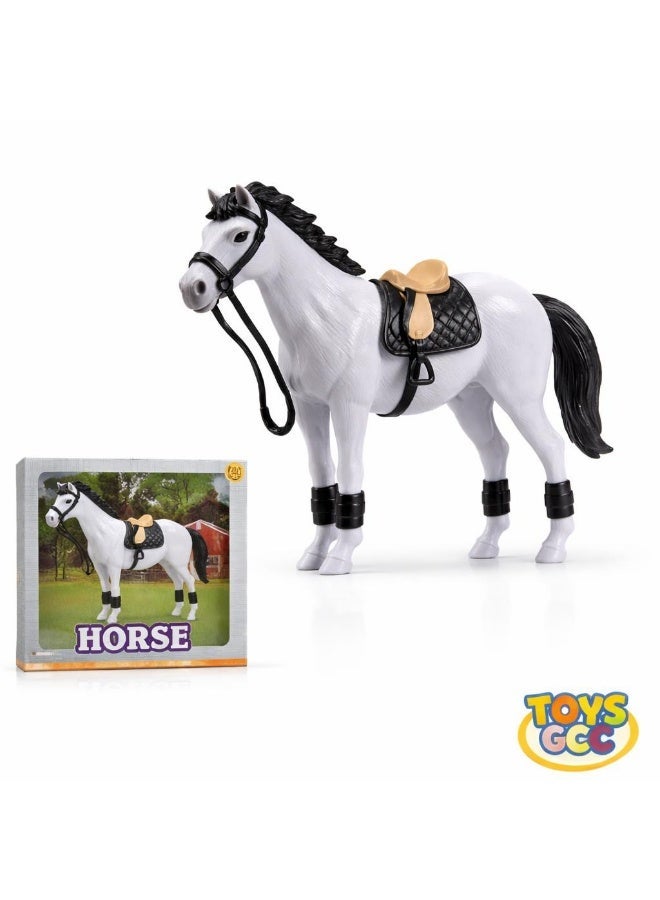 Toys GCC Realistic White Horse Toy Figure with Saddle and Reins, Equestrian Horse Model, Farm Animal Toy, Riding Horse Figurine, Horse Playset, Collectible Horse Statue, Stable Horse Decoration, Ranch Animal Figure, Educational Toy for Kids, Simulation Horse Model, Pretend Play Horse - Image 1