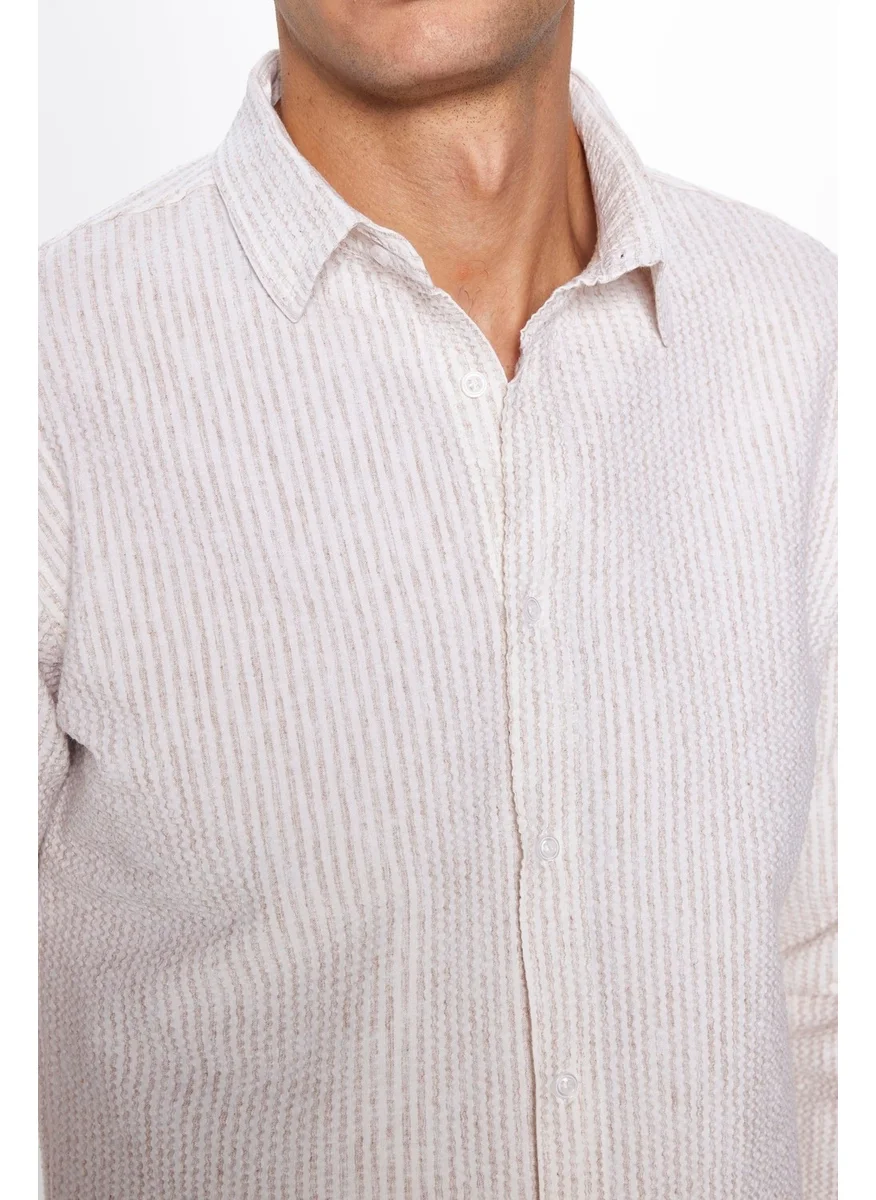 Tudors Slim Fit Slim Cut Striped Single Pocket Flexible Summer Men's White Shirt