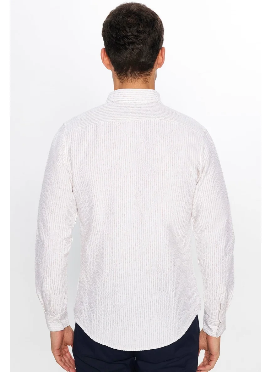 Tudors Slim Fit Slim Cut Striped Single Pocket Flexible Summer Men's White Shirt