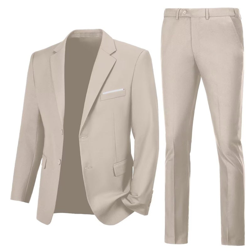 Mens Suits Slim Fit 2 Piece Suit Wedding Prom Suits for Men Two Button Solid Jacket Pants Suit Set Homecoming Tuxedo Light Champagne XS