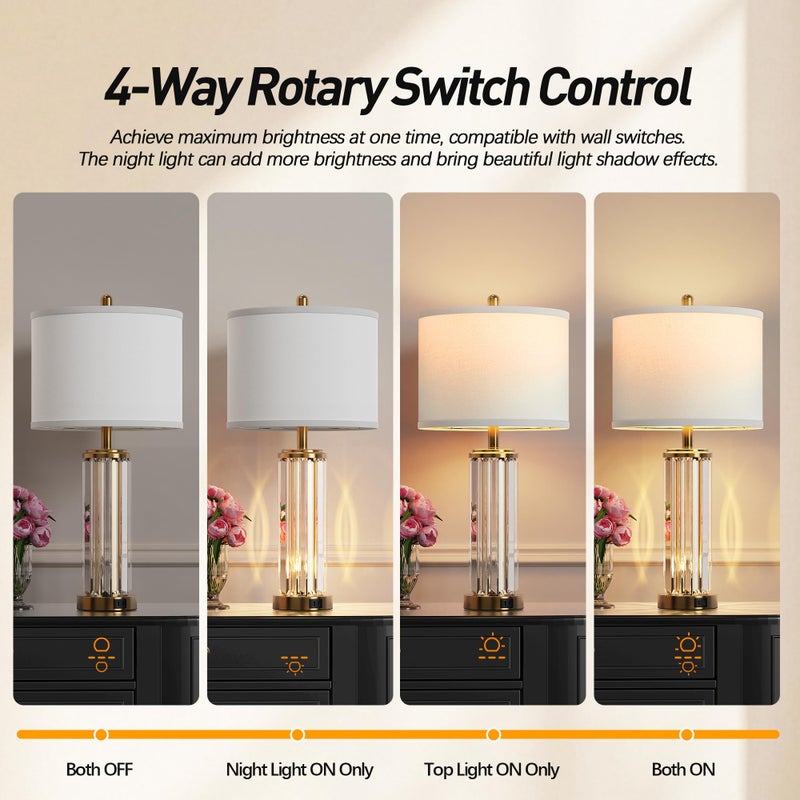 QiMH Gold Table Lamps for Bedroom Set of 2 with Nightlight, Modern Bedside Lamp with 2 USB A+C Charging Port, Clear Nightstand Lamp for Living Room White Shade Home Light Decor(LED Bulbs Included) - Image 2