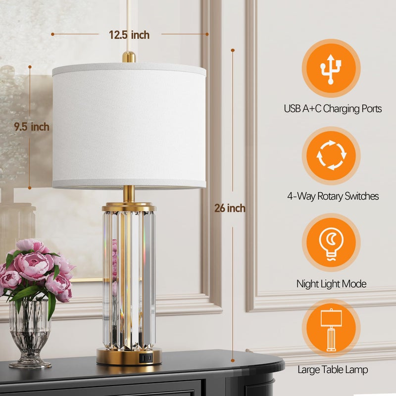 QiMH Gold Table Lamps for Bedroom Set of 2 with Nightlight, Modern Bedside Lamp with 2 USB A+C Charging Port, Clear Nightstand Lamp for Living Room White Shade Home Light Decor(LED Bulbs Included) - Image 5