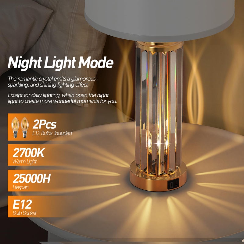 QiMH Gold Table Lamps for Bedroom Set of 2 with Nightlight, Modern Bedside Lamp with 2 USB A+C Charging Port, Clear Nightstand Lamp for Living Room White Shade Home Light Decor(LED Bulbs Included) - Image 3