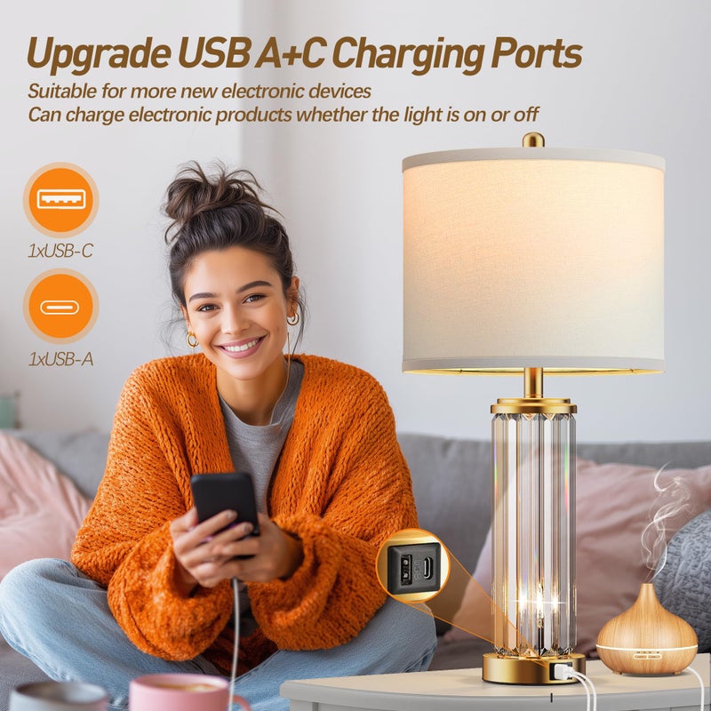 QiMH Gold Table Lamps for Bedroom Set of 2 with Nightlight, Modern Bedside Lamp with 2 USB A+C Charging Port, Clear Nightstand Lamp for Living Room White Shade Home Light Decor(LED Bulbs Included) - Image 4