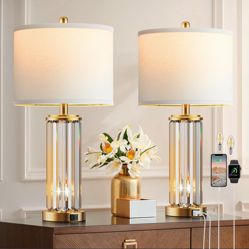 QiMH Gold Table Lamps for Bedroom Set of 2 with Nightlight, Modern Bedside Lamp with 2 USB A+C Charging Port, Clear Nightstand Lamp for Living Room White Shade Home Light Decor(LED Bulbs Included) - Image 1