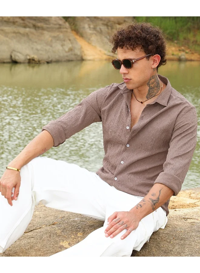 Campus Sutra Men's Mocha Brown Floral-Textured Shirt For Casual Wear | Spread Collar | Long Sleeve | Button Closure | Shirt Crafted With Comfort Fit For Everyday Wear