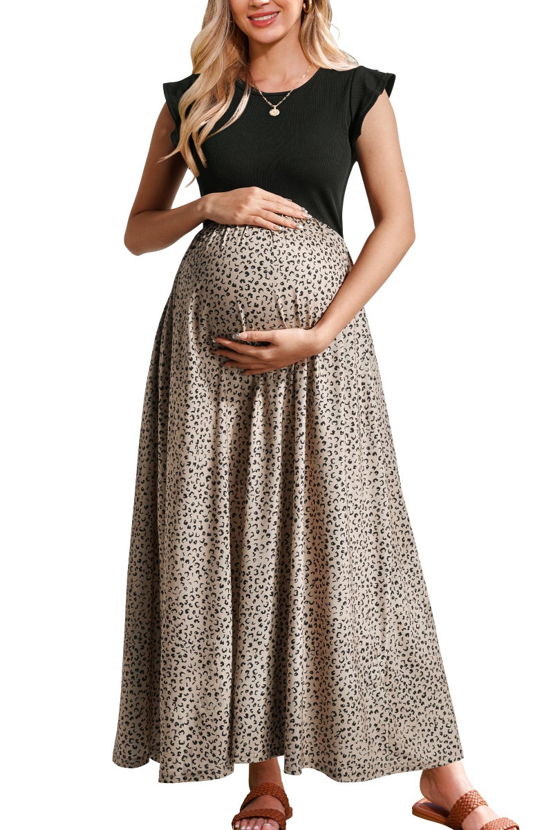 OUGES Women 2025 Spring Summer Floral Maxi Dresses Maternity Clothes Casual Long Fashion Photoshoot Dress with Pockets(Floral A,M) - Image 1