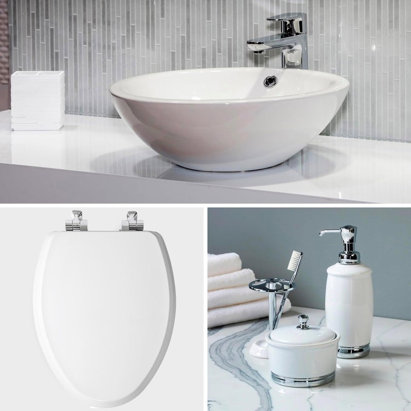 Mayfair Bennett Toilet Seat with Chrome Hinges, Slow Close Wood Seat, Secure Metal Hinges, Easy Install, Made in USA, Elongated, White - Image 4