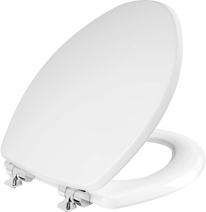 Mayfair Bennett Toilet Seat with Chrome Hinges, Slow Close Wood Seat, Secure Metal Hinges, Easy Install, Made in USA, Elongated, White - Image 1