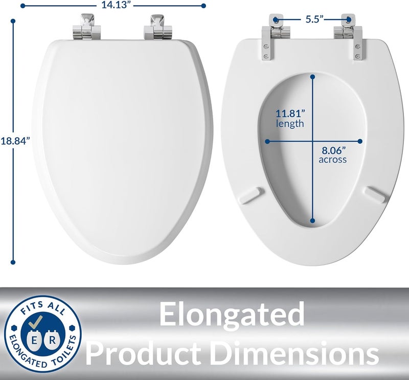 Mayfair Bennett Toilet Seat with Chrome Hinges, Slow Close Wood Seat, Secure Metal Hinges, Easy Install, Made in USA, Elongated, White - Image 5
