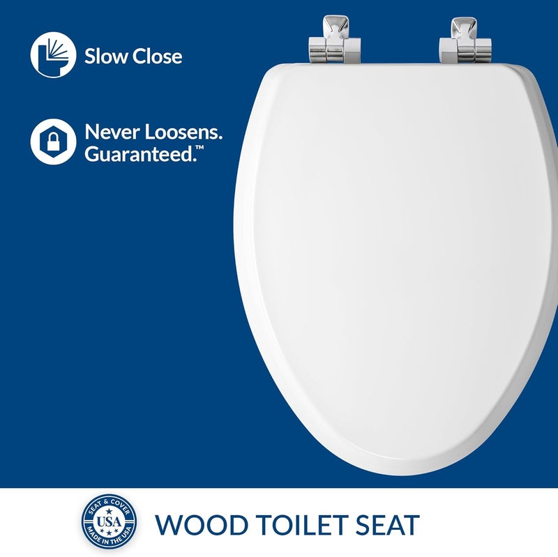 Mayfair Bennett Toilet Seat with Chrome Hinges, Slow Close Wood Seat, Secure Metal Hinges, Easy Install, Made in USA, Elongated, White - Image 3