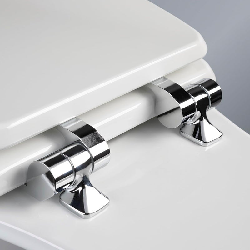 Mayfair Bennett Toilet Seat with Chrome Hinges, Slow Close Wood Seat, Secure Metal Hinges, Easy Install, Made in USA, Elongated, White - Image 2