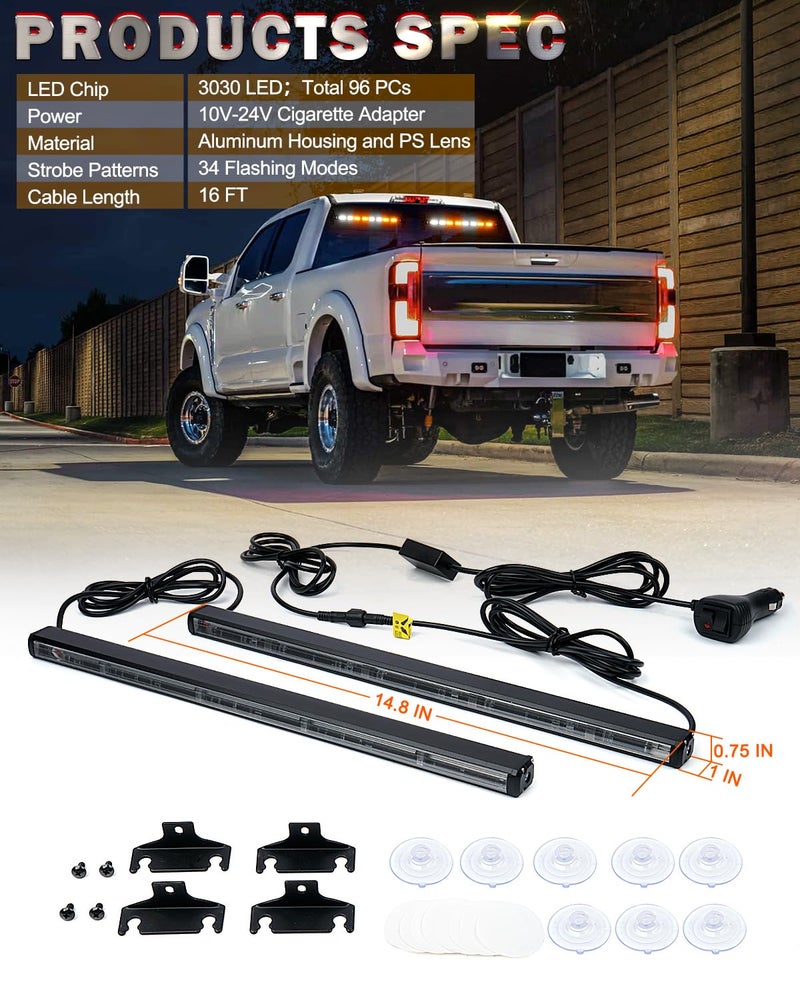 LUMENIX Strobe Traffic Advisor Lights Bar for Work Trucks, 96 LED Emergency Construction Vehicles Front/Rear Window Windshield Security Warning Directional Flashing Ultrathin Lightbar - White Amber - Image 5