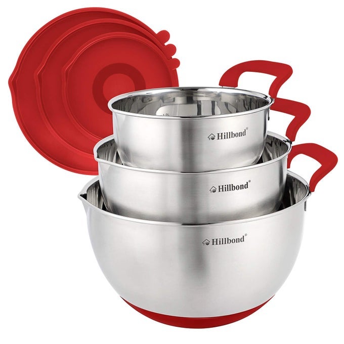 MIXING BOWLS WITH BPA FREE AIRTIGHT LIDS NESTING BOWLS WITH POUR SPOUT SILICONE HANDLE AND NONSLIP BOTTOMS FOR BAKING STAINLESS STEEL MIXING BOWLS DISHWASHER SAFE 15 3 5 QT RED