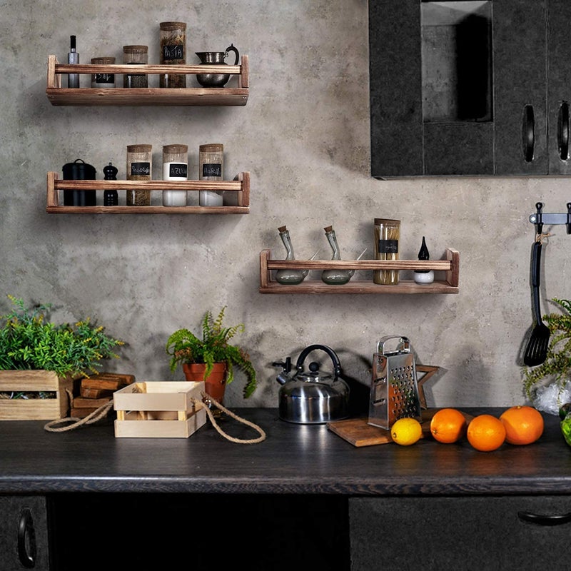 OGNIJA 2 Pack Rustic Wood Wall Mount Bookshelf Floating Bookshelves Floating Wooden Spice Wall Mounted Rack for Kitchen