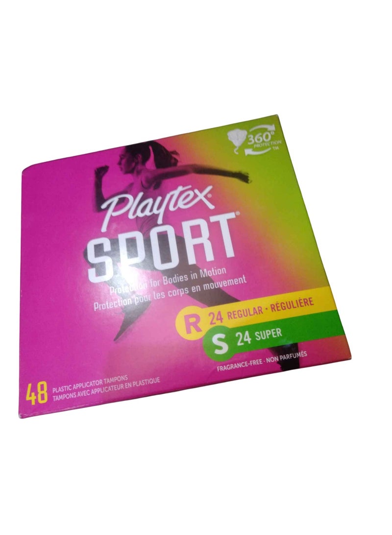 Playtex Sport Tampons, Multipack, Regular and Super Absorbency, Unscented, 48 Count, White - Image 1