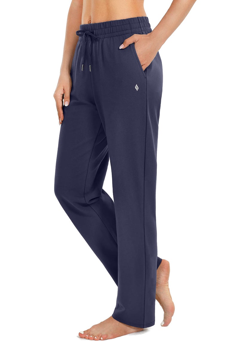 SANTINY Women's Cotton Sweatpants Yoga Lounge Casual Pants Open Bottom Sweat Pants for Women with Pockets (Navy_L) - Image 1