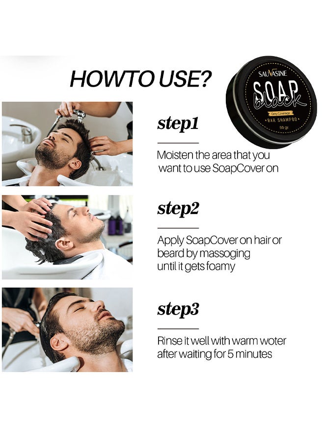 SAUVASINE - Black Soap, Grey Coverage Bar Shampoo 50G, Hair Darkening Soap Bar With Botanical Herbal Extracts For Hair Growth And Dye Free Solution To Gray Hair - Image 1