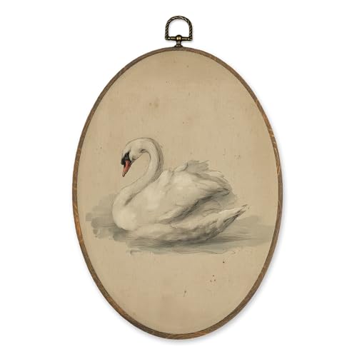 LKETW Vintage Swan Oval Wall Art Decor, Antique Elegant Swan Oval Canvas Hanging Decor, Retro Classical Animal Aesthetic Wall Decorations for Home Bedroom Living Room, 8.6x11.4 Inch - Image 1