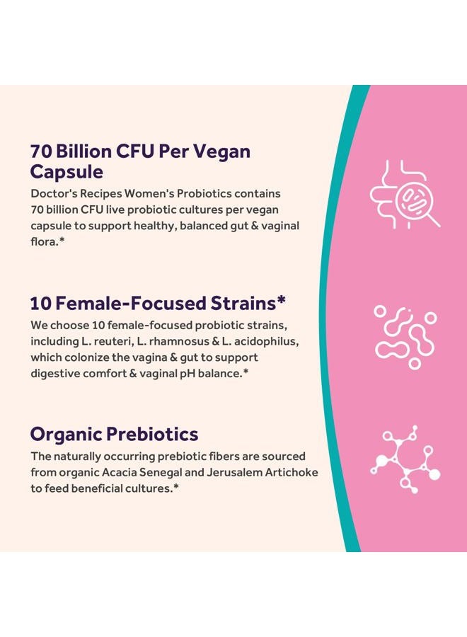 Doctor's Recipes Probiotics for Women, Organic Prebiotics and Probiotics for Digestive Health, Vaginal Health, 70 Billion CFU, 10 Strains, Shelf Stable, 30 Capsules - Image 3