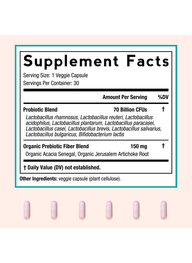 Doctor's Recipes Probiotics for Women, Organic Prebiotics and Probiotics for Digestive Health, Vaginal Health, 70 Billion CFU, 10 Strains, Shelf Stable, 30 Capsules - Image 5