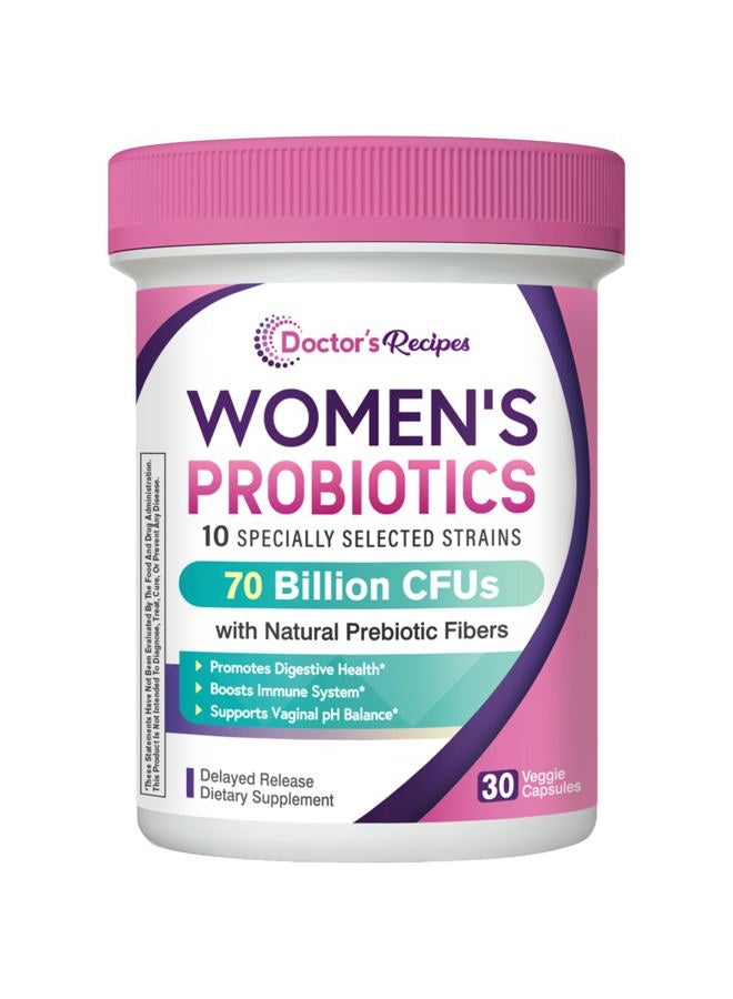 Doctor's Recipes Probiotics for Women, Organic Prebiotics and Probiotics for Digestive Health, Vaginal Health, 70 Billion CFU, 10 Strains, Shelf Stable, 30 Capsules - Image 1